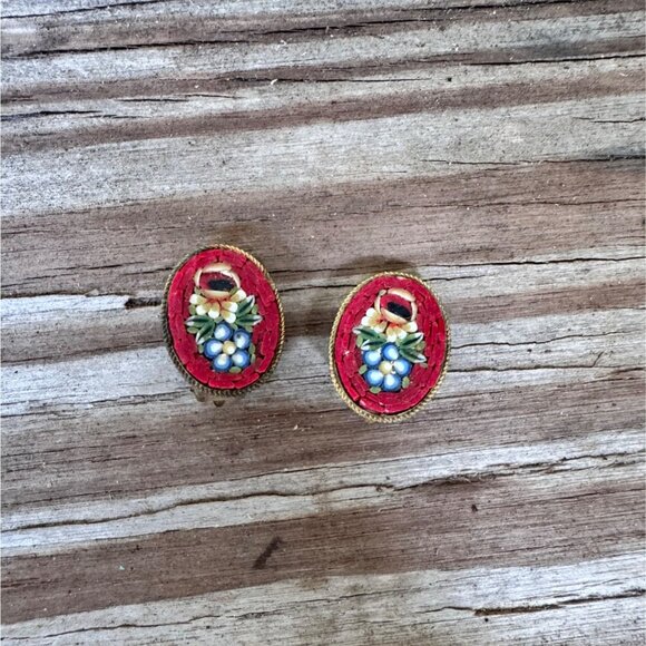 Vintage Italian Micro Mosaic Clip-On Earrings With Red Floral Design & Gold-Tone - Picture 1 of 9